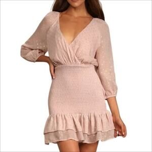 NWT Lulus All The Cheers Mauve Pink and Gold Dotted Smocked Mini Dress Large